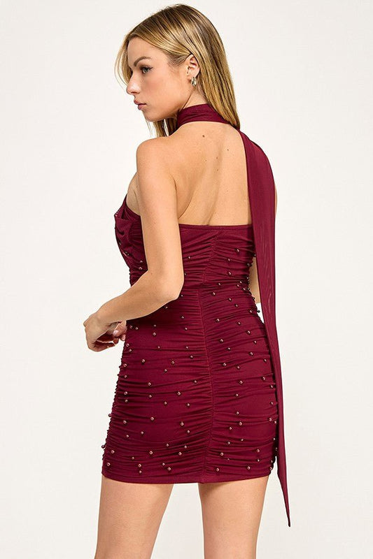 Garnet Pearl Allure Strapless Scarf Detail Mini Dress - Red dress for women Vacation Outfits Birthday Dresses Going Out Looks