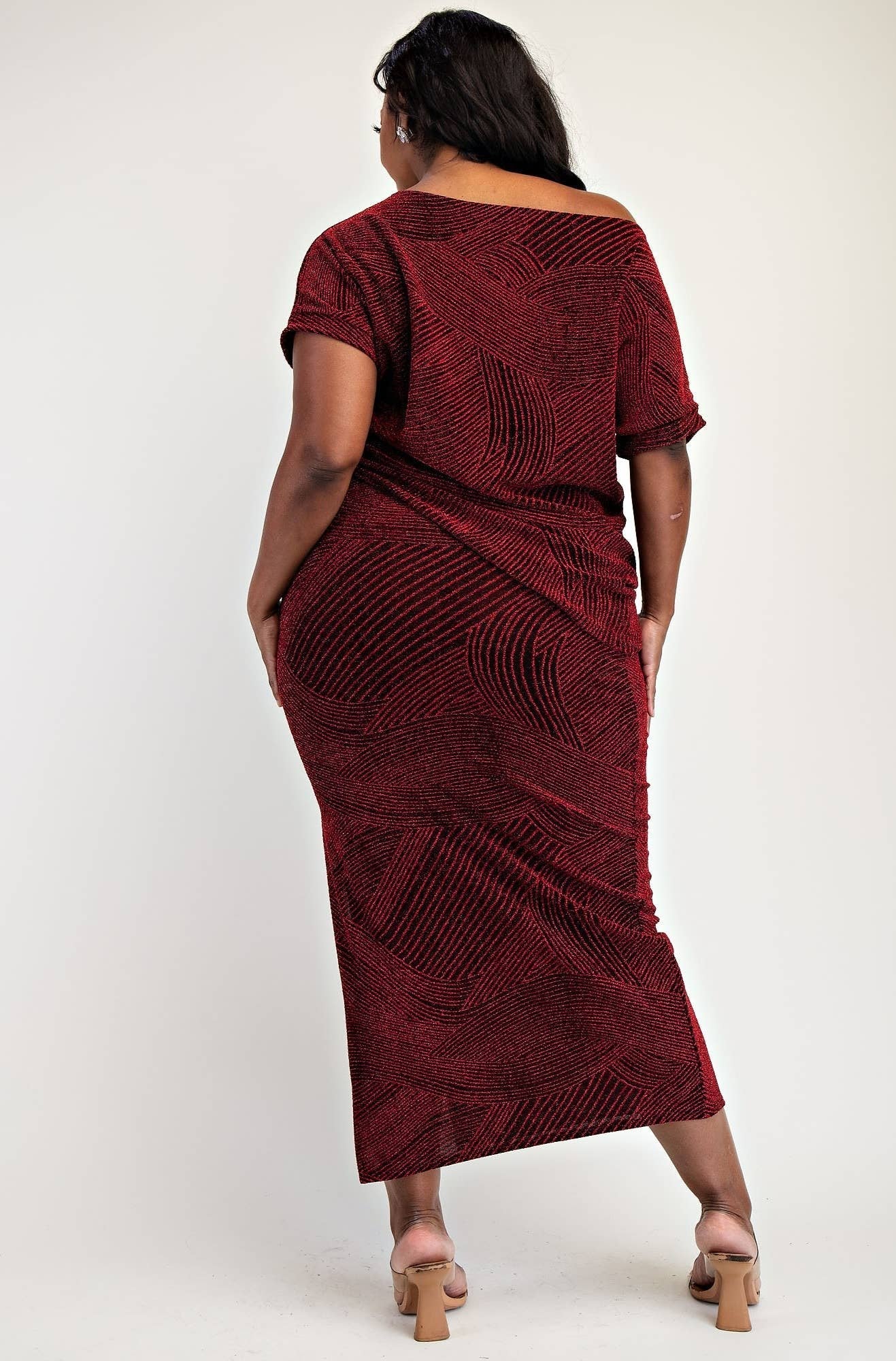Gia Plus Size Shimmer Knit Top and Midi Skirt Set for Women - Red SKIRT SET for women Vacation Outfits Birthday Dresses Going Out Looks