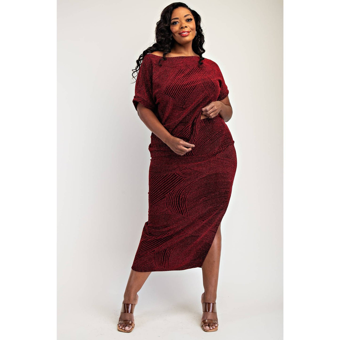 GIA PLUS SIZE LUREX KNIT SHORT SLEEVE TOP AND SKIRT SET - Blaire Shops