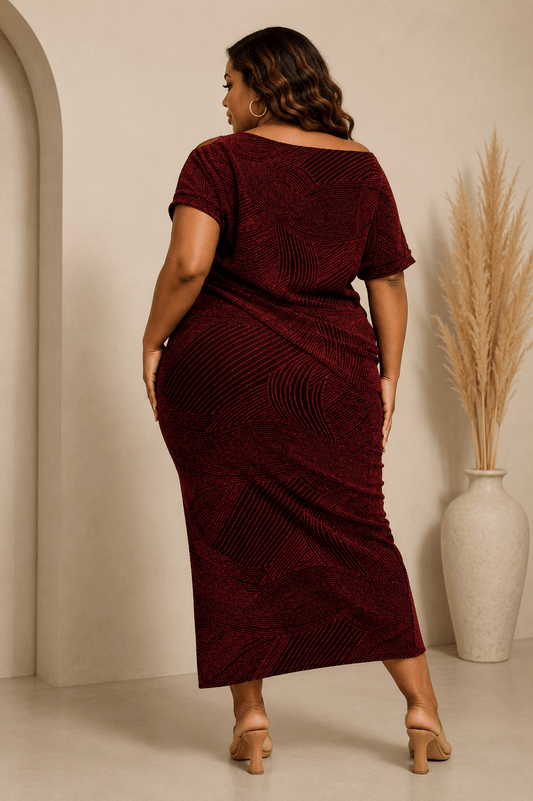 Gia Plus Size Shimmer Knit Top and Midi Skirt Set for Women - Red SKIRT SET for women Vacation Outfits Birthday Dresses Going Out Looks