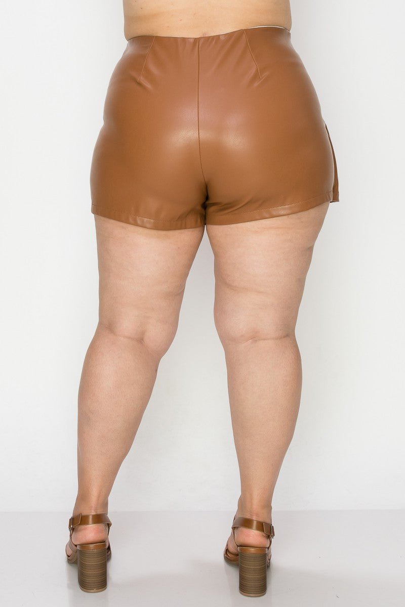 Gia Plus Size Wrap Mini Skort β Metal Button | Trendy High - Rise - Cognac SKIRT for women Vacation Outfits Birthday Dresses Going Out Looks