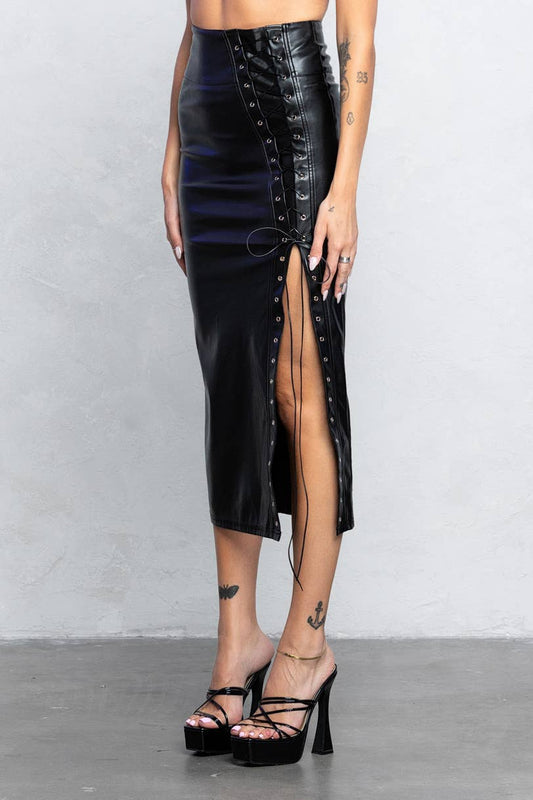 Gianna Lace Up Detail Faux Leather Midi Skirt With Side Slit - Black SKIRT for women Vacation Outfits Birthday Dresses Going Out Looks