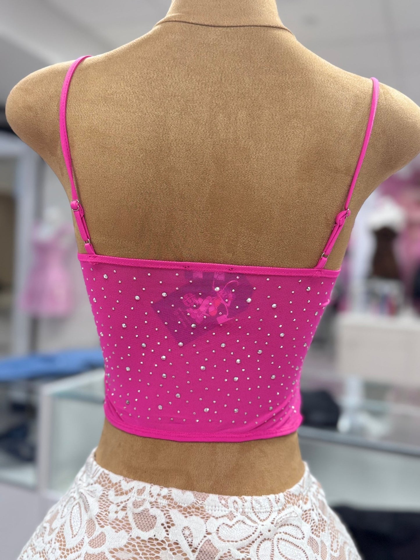 Gini Spaghetti Strap Embellished Mesh Tank Top - Blaire Shops