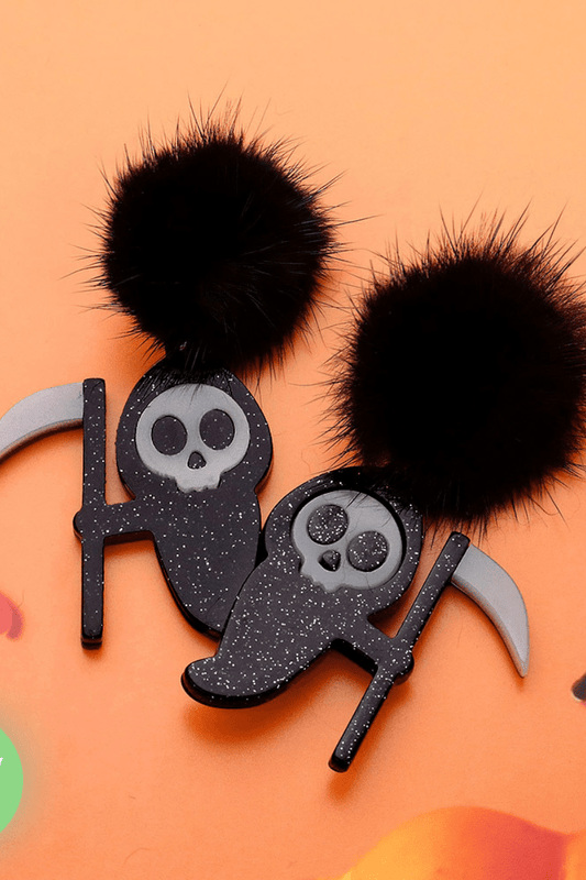 Glow - in - the - Dark Grim Reaper Pom Pom Dangle Earrings - Black EARRINGS for women Vacation Outfits Birthday Dresses Going Out Looks
