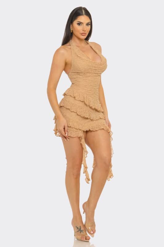 Golden Muse Halter Lace Mini Dress - khaki DRESS for women Vacation Outfits Birthday Dresses Going Out Looks