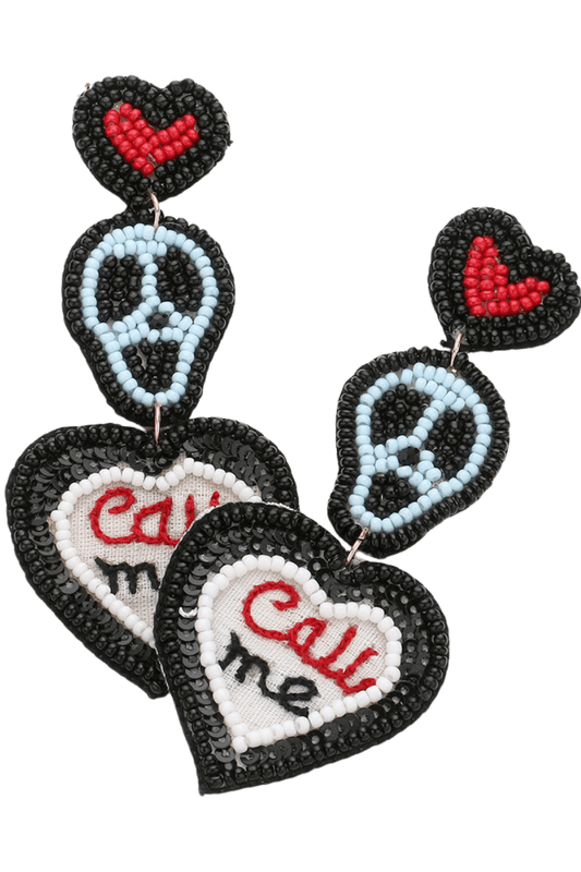 Halloween Beaded Skull Heart "Call Me" Dangle Earrings - Black EARRINGS for women Vacation Outfits Birthday Dresses Going Out Looks