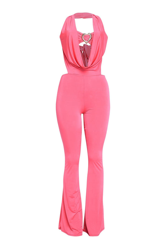 Houston Babe Deep Cowl Neck Gold Heart Halter Jumpsuit - Hot pink JUMPSUIT for women Vacation Outfits Birthday Dresses Going Out Looks