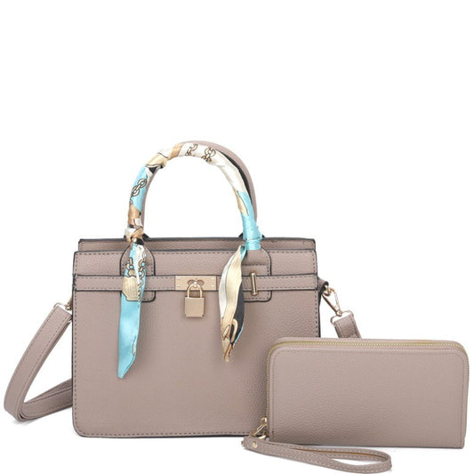 Isabella 2 - in - 1 Scarf Handle Key Lock Satchel Bag Set – Luxe Inspired - Taupe bag for women Vacation Outfits Birthday Dresses Going Out Looks