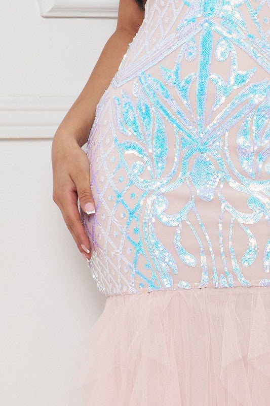 Isabella Iridescent Prom Maxi Dress With Elegant Baroque Print And Ruffled Contrast Bottom - Blaire Shops