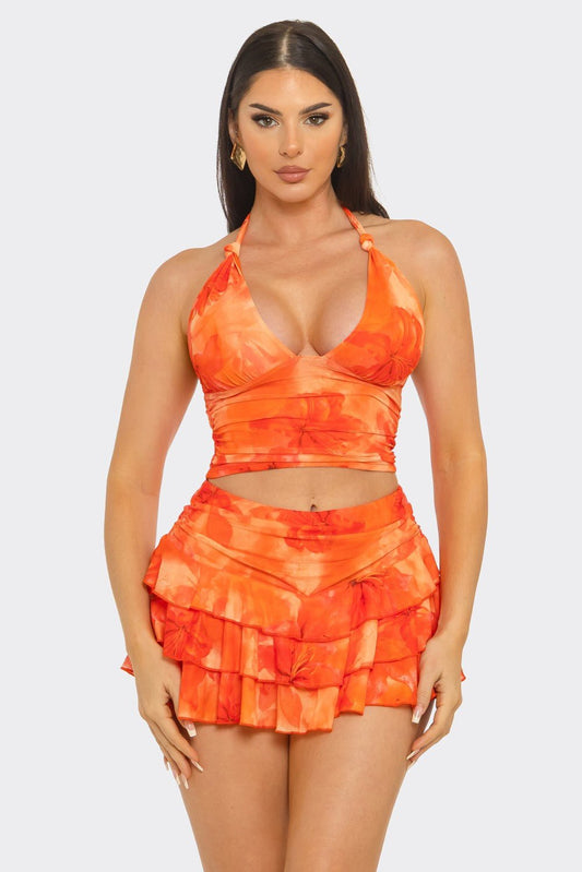 Isla Printed Halter Top And Layered Mini Skirt Set - Orange outfit for women Vacation Outfits Birthday Dresses Going Out Looks