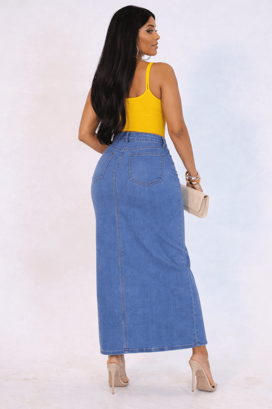 It Girl Asymmetrical High - Waist Denim Midi Skirt with Front Slit - Medium Wash bottoms for women Vacation Outfits Birthday Dresses Going Out Looks