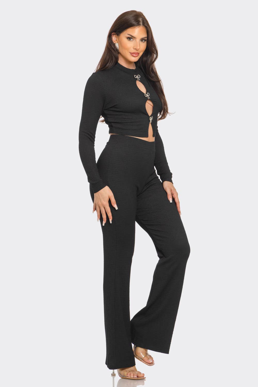 Jayla Cut Out Ribbon Jewels Crop Top And Flare Pants Set - Blaire Shops