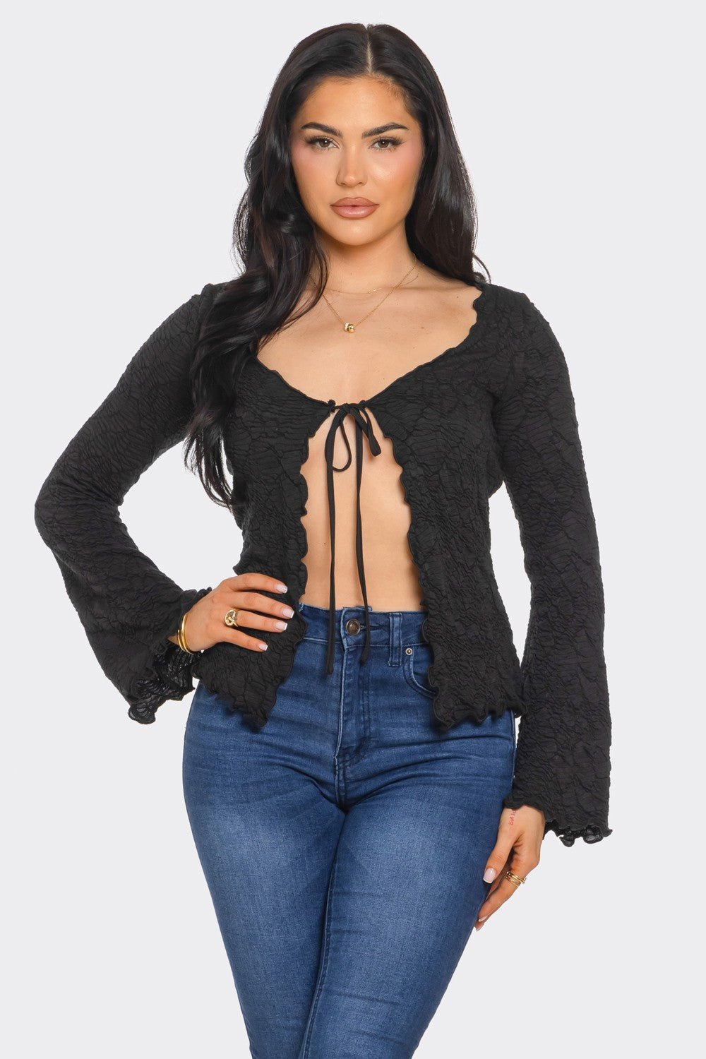 JAYLA TEXTURED LONG SLEEVE TIE FRONT CARDAGIAN - Black top for women Vacation Outfits Birthday Dresses Going Out Looks