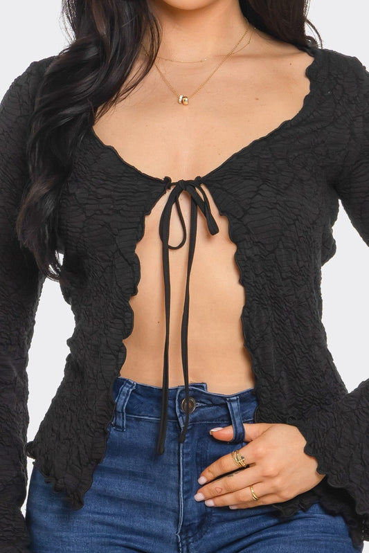 JAYLA TEXTURED LONG SLEEVE TIE FRONT CARDAGIAN - Black top for women Vacation Outfits Birthday Dresses Going Out Looks