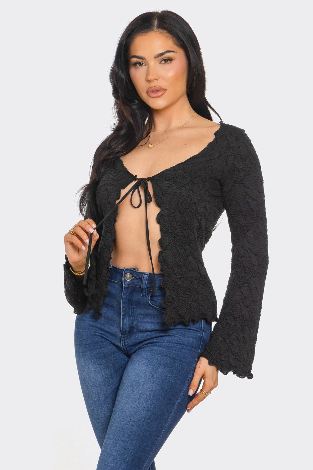 JAYLA TEXTURED LONG SLEEVE TIE FRONT CARDAGIAN - Black top for women Vacation Outfits Birthday Dresses Going Out Looks