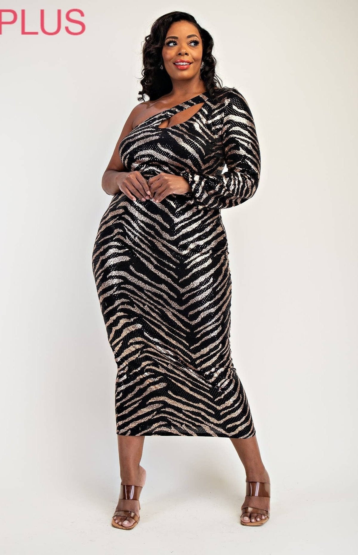 Jaylin Plus Size Sequins Knit One Shoulder Dress with Cutout - BLACK/GOLD dress for women Vacation Outfits Birthday Dresses Going Out Looks