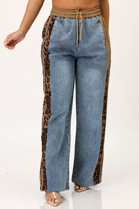 Jazmine Leopard Denim Drawstring Cargo Pants - S pants for women Vacation Outfits Birthday Dresses Going Out Looks