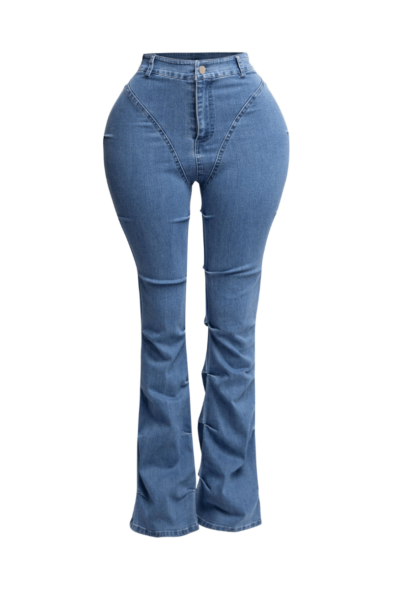 Jessica women's Y2K-inspired stretch denim bell bottom jeans featuring distinctive pinched detailing, dramatic flared legs and classic zipper closure, available at Blaire Shops.