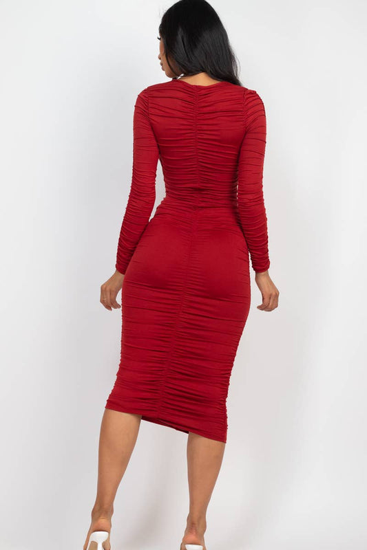 Josie Ruched Long Sleeve Midi Dress - Wine DRESS for women Vacation Outfits Birthday Dresses Going Out Looks