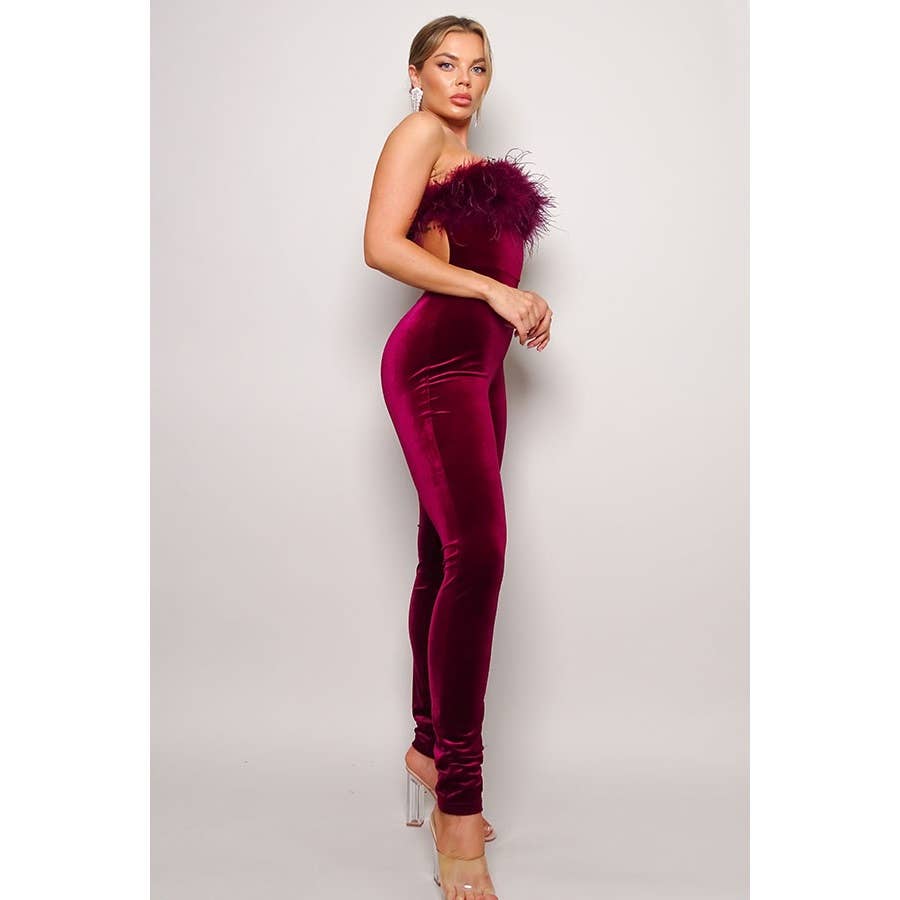 Josyln Feather Velvet Strapless Jumpsuit – Elegant Luxe Party Outfit - Blaire Shops