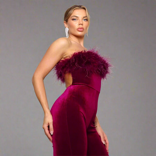 Josyln Feather Velvet Strapless Jumpsuit – Elegant Luxe Party Outfit - BURGUNDY JUMPSUIT for women Vacation Outfits Birthday Dresses Going Out Looks