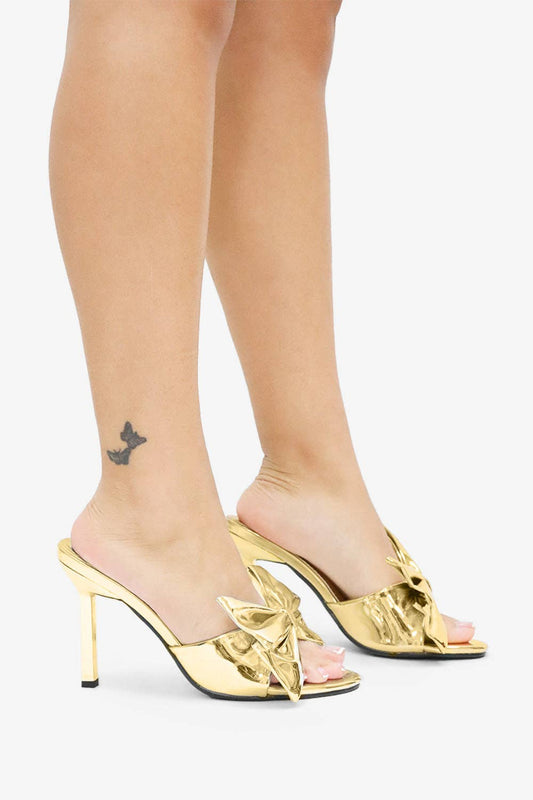 KALIA Gold Metallic Bow Mule - Elegant Stylish Comfort for Parties & Nights Out - Gold shoes for women Vacation Outfits Birthday Dresses Going Out Looks