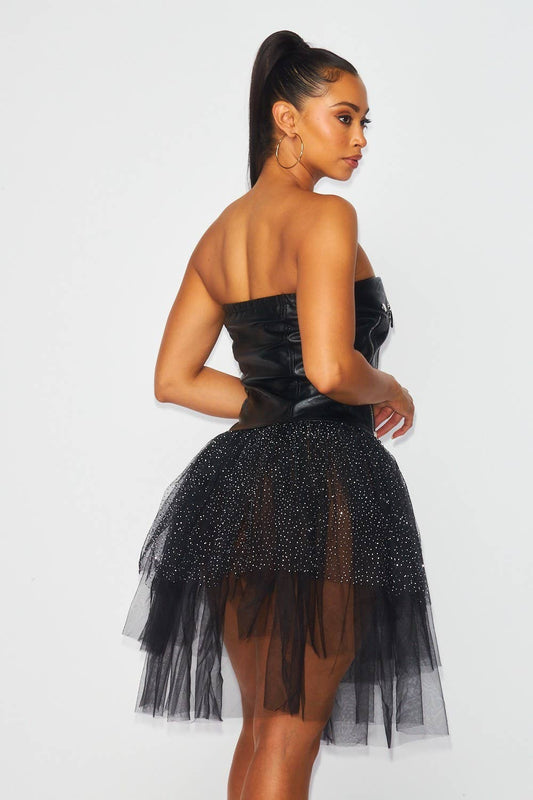 Kayla Contrast Mesh Faux Leather Strapless Tutu Dress | Punk Rock Goth Glam Zipper Dress - L DRESS for women Vacation Outfits Birthday Dresses Going Out Looks