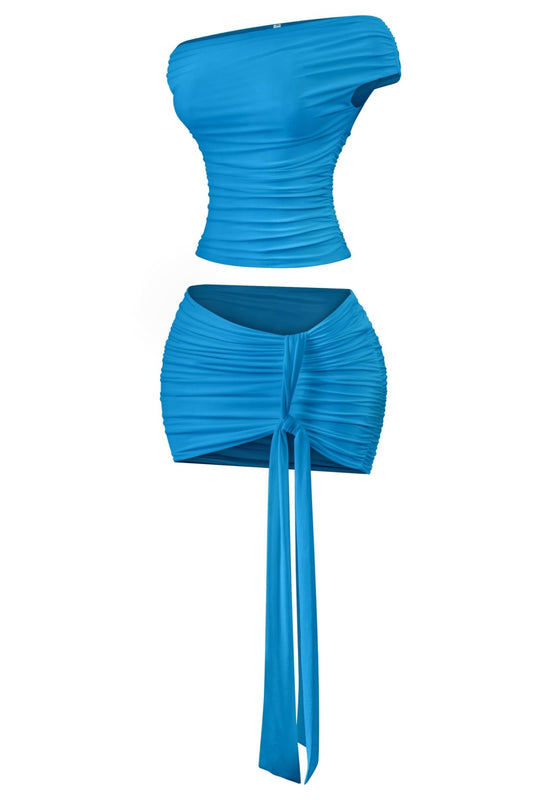 Khole Short Sleeve & Mini Skirt W/ Drape Tie Ruched Set - TURQUOISE for women Vacation Outfits Birthday Dresses Going Out Looks