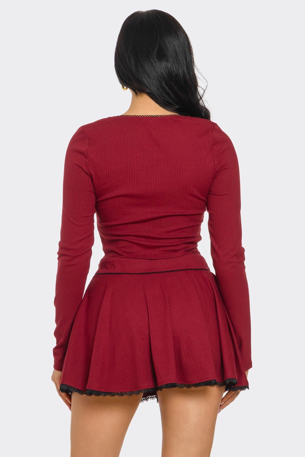 Lace Trim Long Sleeve Top and Skirt Set – Wine Red Two - Piece Outfit - Blaire Shops
