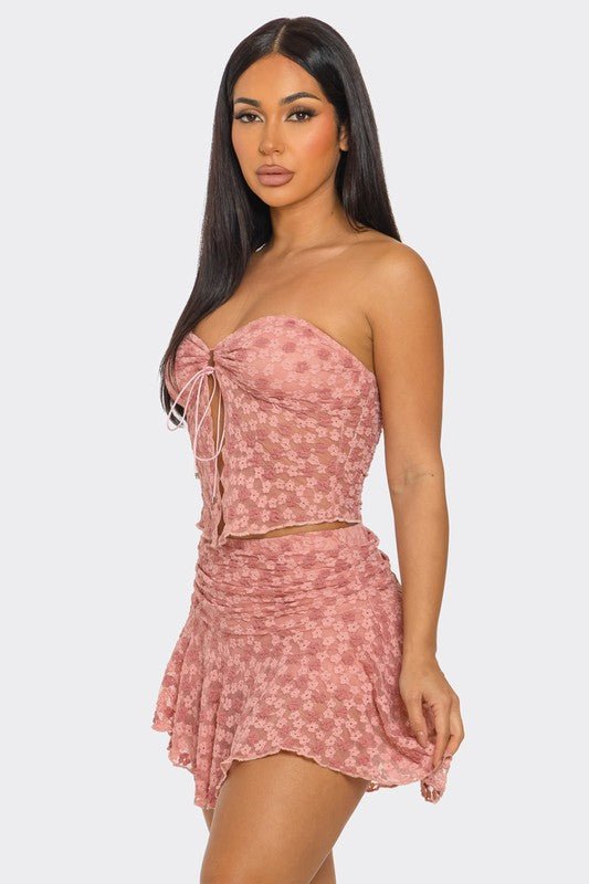 Lacey Flora Lace Two Piece Strapless Top Skirt Outfit - L SKIRT SET for women Vacation Outfits Birthday Dresses Going Out Looks