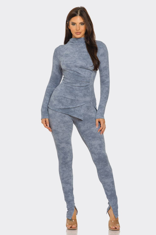 Laura Washed Urban Wave Rib Funnel Neck Top And Legging Loungewear Set - DENIM outfit for women Vacation Outfits Birthday Dresses Going Out Looks