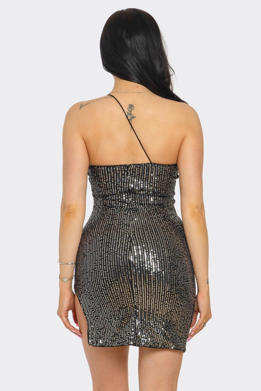 LAUREN STRING SIDE SHOULDER SEQUIN PARTY MINI DRESS - Black DRESS for women Vacation Outfits Birthday Dresses Going Out Looks
