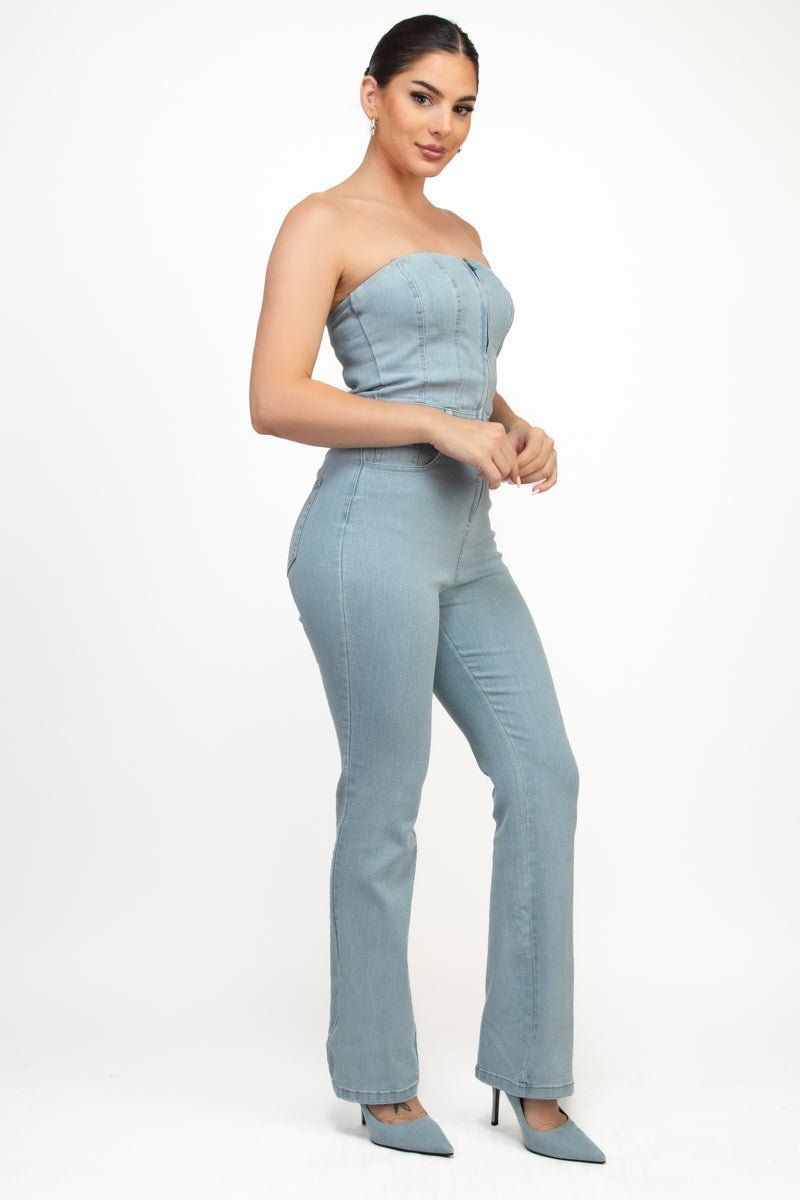 Lena Lightwash Denim Tube Strapless Stretch Zip - Up Pocketed Jumpsuit - Blaire Shops