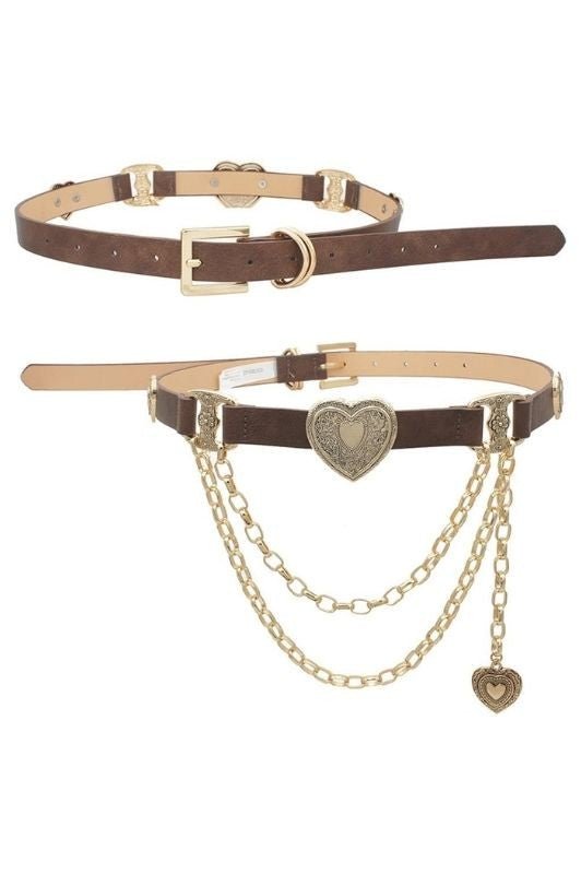 Lila Vintage Heart Concho Link Charm Belt – Statement Accessory - Brown belt for women Vacation Outfits Birthday Dresses Going Out Looks