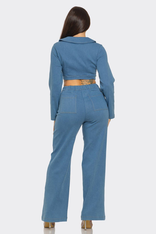 Luciana Gold Jewel - Clasp Cropped Denim Jacket & Pant Set - Medium Wash outfit for women Vacation Outfits Birthday Dresses Going Out Looks