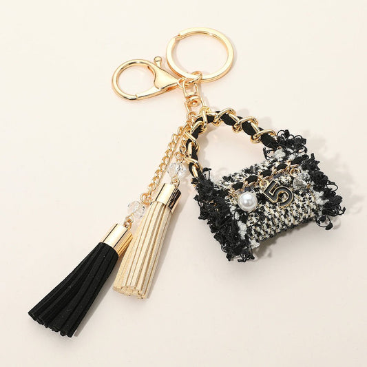 Luxe Pearl Number Five Stone Tweed Handbag Tassel Keychain - keychain for women Vacation Outfits Birthday Dresses Going Out Looks
