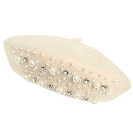 Luxe Pearl Stone Cluster Embellished 100 % Wool Beret - Ivory hat for women Vacation Outfits Birthday Dresses Going Out Looks