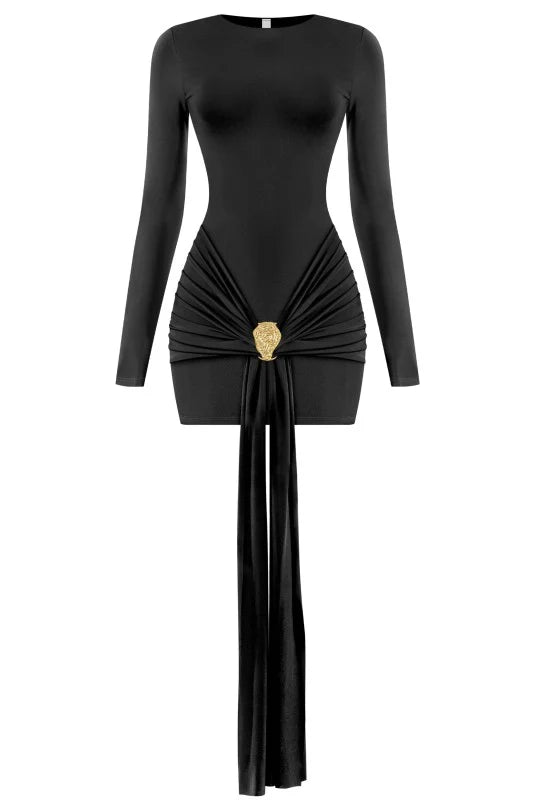 Luxe Stretch Mini Dress with Gold Detail - Black dress for women Vacation Outfits Birthday Dresses Going Out Looks