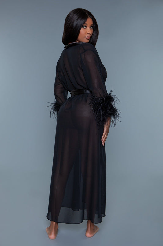 Chiffon Robe with Ostrich Feather Trim Sheer Elegance - Black ROBE for women Vacation Outfits Birthday Dresses Going Out Looks