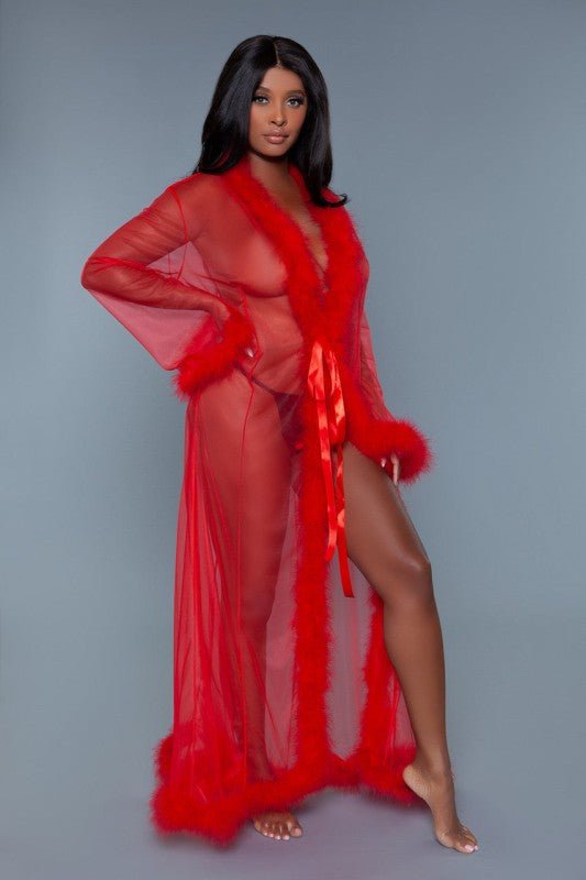 Marabou Robe Full - Length Chiffon Robe with Faux Fur Trim - Red Lingerie for women Vacation Outfits Birthday Dresses Going Out Looks
