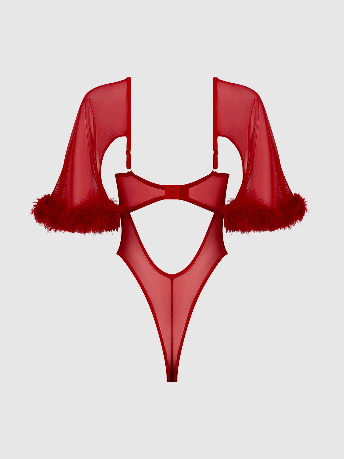 MARILYN RED MARABOU FEATHERED MESH BELL - SLEEVED LINGERIE BODYSUIT - Blaire Shops