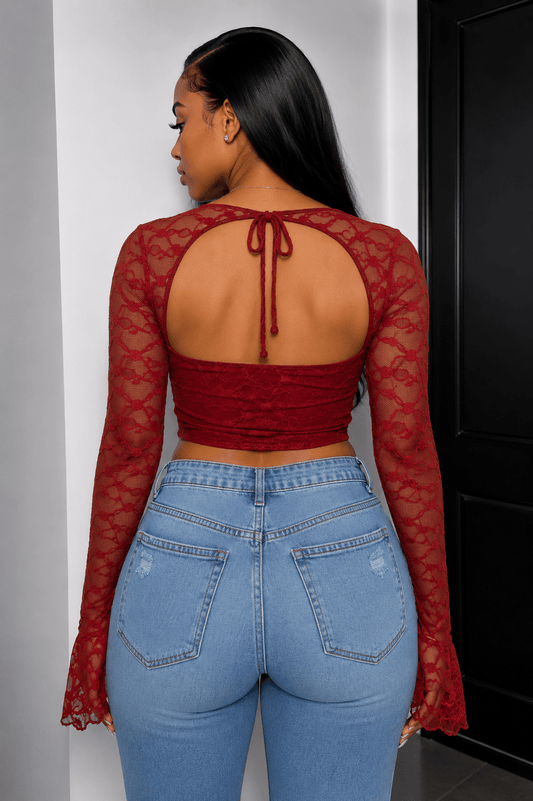 Marissa Long Sleeve Laced Crop Top Bustier – Lace Corset Top for Women - Red Crop Top for women Vacation Outfits Birthday Dresses Going Out Looks
