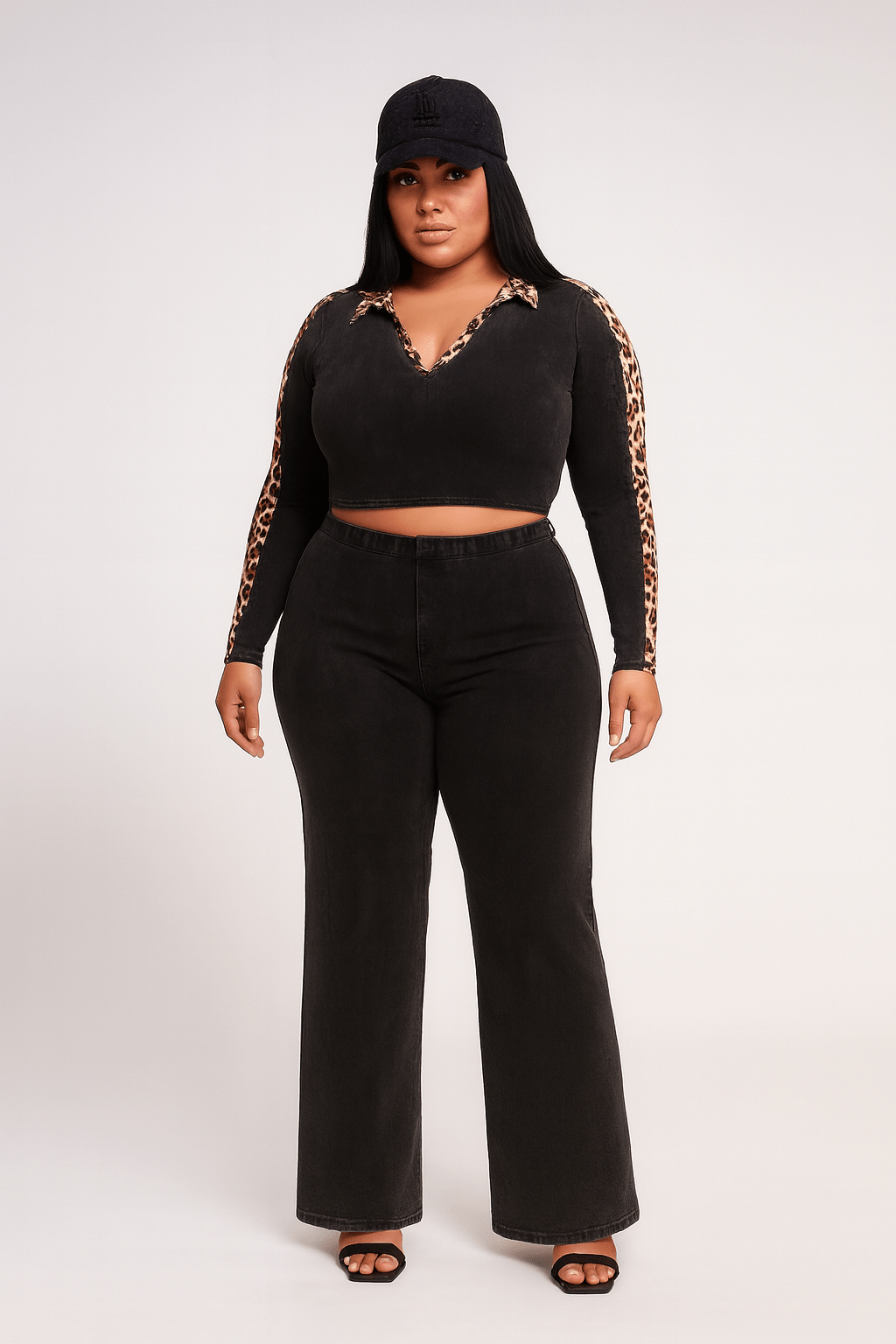 Maya Curvy Mineral Washed Crop Top & Stretch Pull - On Pants Set Leopard Contrast - Blaire Shops