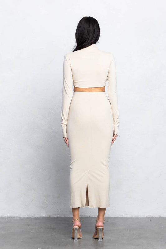 Melaina Double Side Jersey Top & Maxi Skirt Luxury Loungewear Set - Beige outfit for women Vacation Outfits Birthday Dresses Going Out Looks