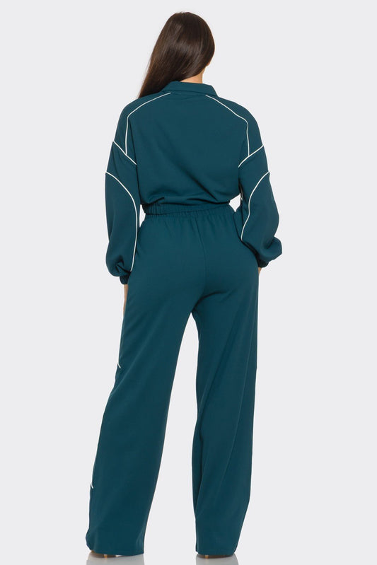 Melanie Zip - Up Piping Stripe Two - Piece Set – Cropped Jacket & Wide - Leg Pants - Teal outfit for women Vacation Outfits Birthday Dresses Going Out Looks