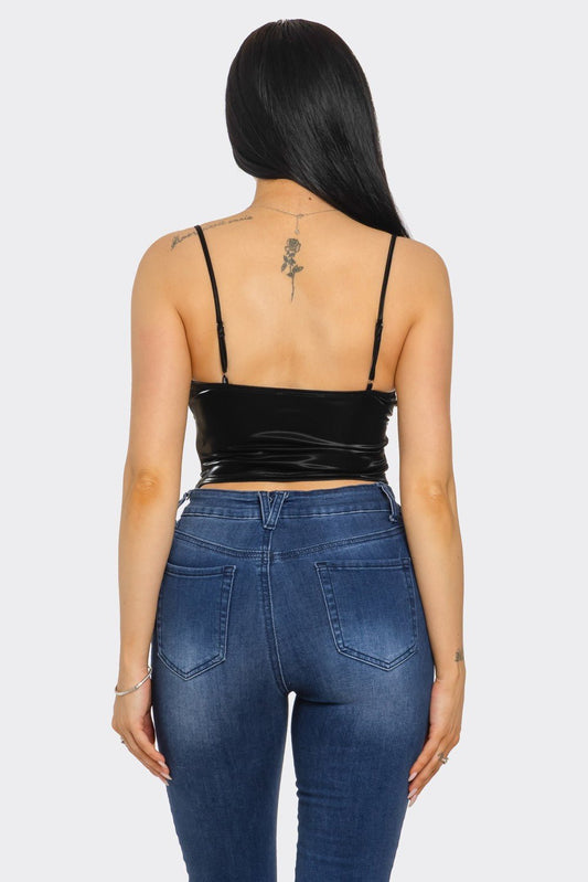 Melissa Lace Spaghetti Strap Crop Top with Side Zipper - Black top for women Vacation Outfits Birthday Dresses Going Out Looks
