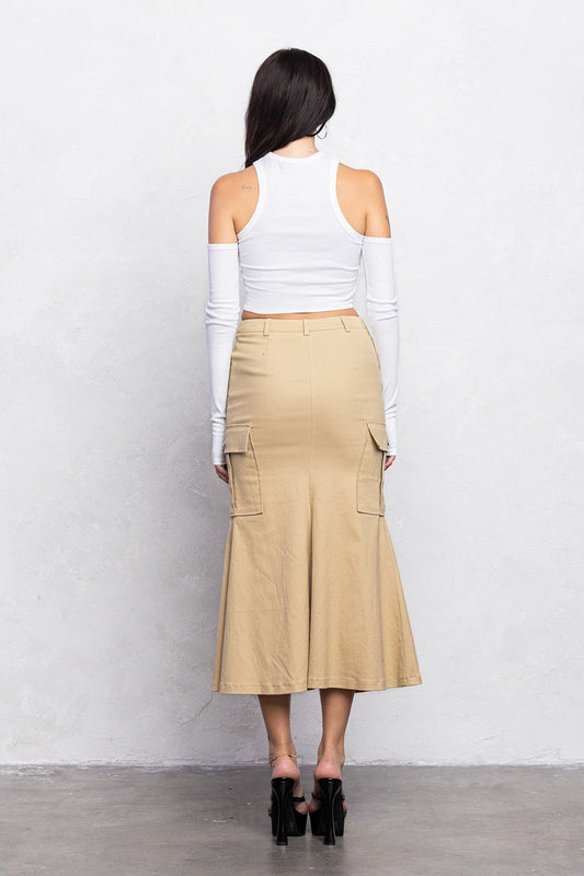 Mermaid Front Cut Detail Midi Skirt | Diagonal Closure Stretch Fit - Beige SKIRT for women Vacation Outfits Birthday Dresses Going Out Looks