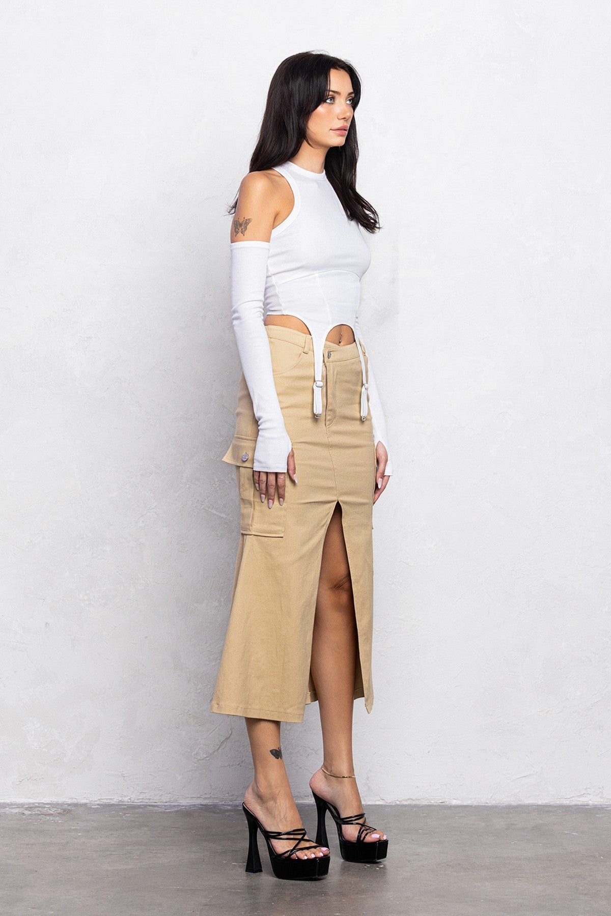 Mermaid Front Cut Detail Midi Skirt | Diagonal Closure Stretch Fit - Beige SKIRT for women Vacation Outfits Birthday Dresses Going Out Looks