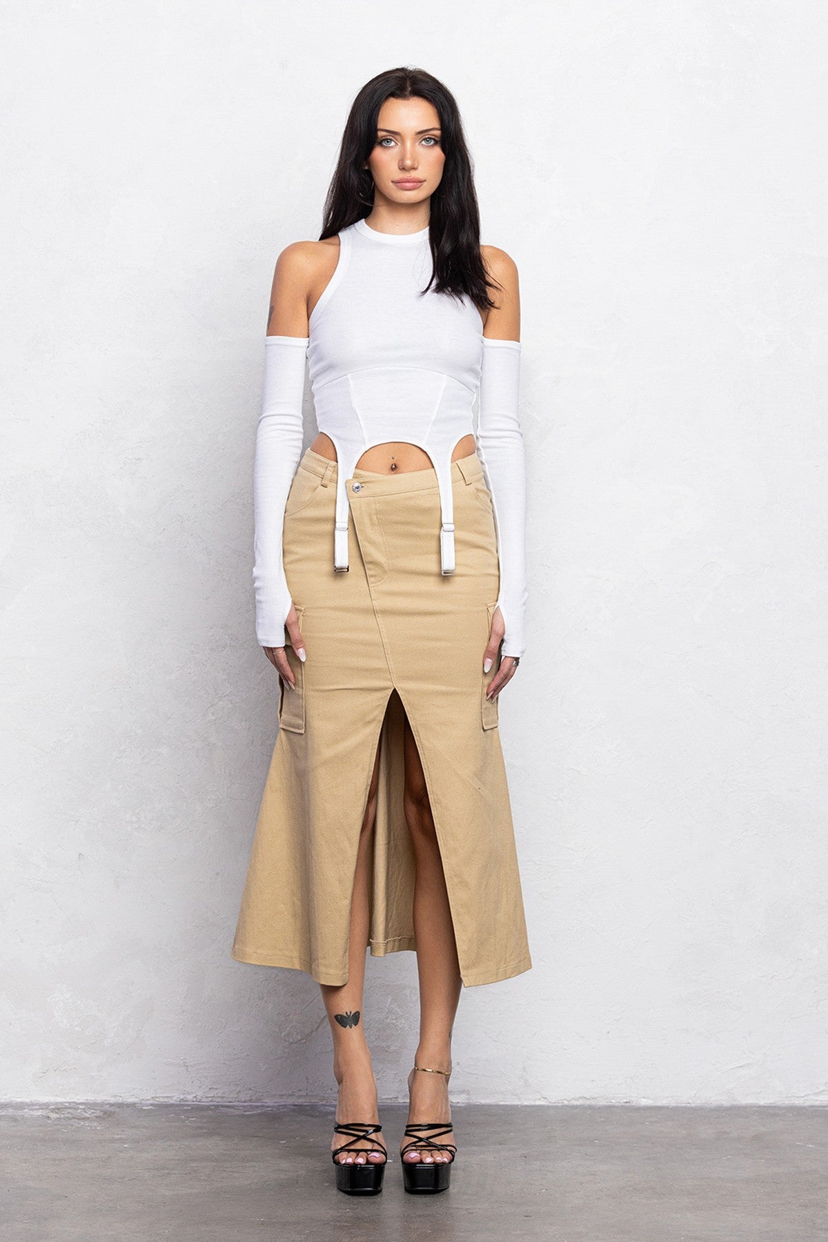 Mermaid Front Cut Detail Midi Skirt | Diagonal Closure Stretch Fit - Beige SKIRT for women Vacation Outfits Birthday Dresses Going Out Looks