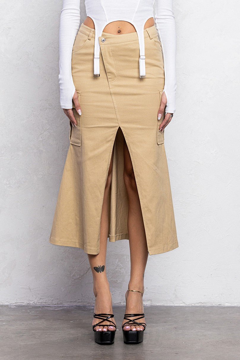 Women's Alessia mermaid midi skirt featuring a diagonal front zipper and button closure, curve-hugging stretch fit, side pockets, and flared hem.